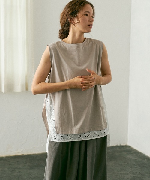 PUAL CE CIN（ピュアルセシン）の「【WEB限定】コットンレースノースリーブ（Tシャツ/カットソー・レディース・ブラック/ベージュ/グレー・FREE）」の4枚目の写真