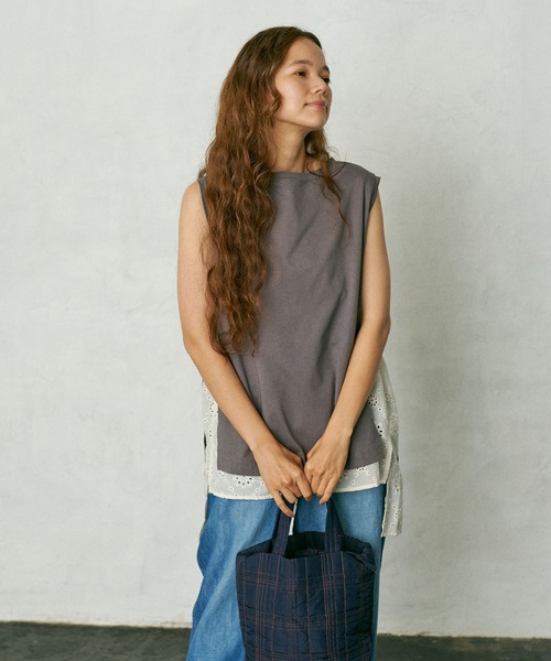 PUAL CE CIN（ピュアルセシン）の「【WEB限定】コットンレースノースリーブ（Tシャツ/カットソー・レディース・ブラック/ベージュ/グレー・FREE）」の12枚目の写真