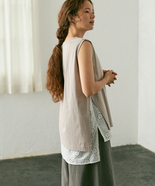 PUAL CE CIN（ピュアルセシン）の「【WEB限定】コットンレースノースリーブ（Tシャツ/カットソー・レディース・ブラック/ベージュ/グレー・FREE）」の8枚目の写真