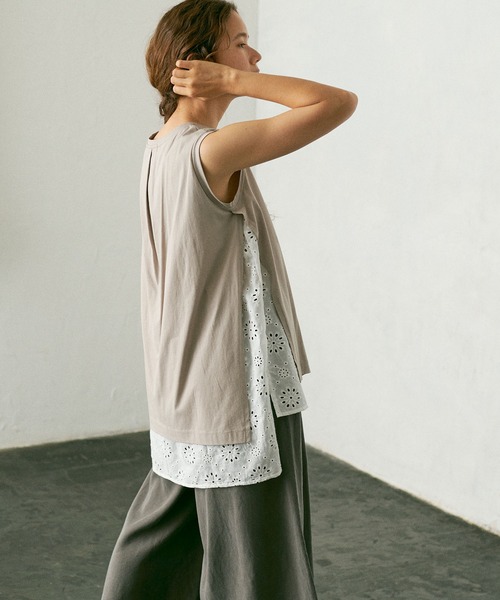 PUAL CE CIN（ピュアルセシン）の「【WEB限定】コットンレースノースリーブ（Tシャツ/カットソー・レディース・ブラック/ベージュ/グレー・FREE）」の9枚目の写真