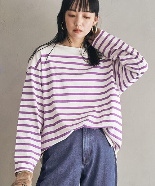 coen（コーエン）の「パネルボーダーロングスリーブTシャツ（Tシャツ/カットソー・レディース・パープル/ブラック/ベージュ/ロイヤルブルー・L/M）」の4枚目の写真