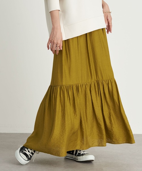 earth music&ecology（アースミュージックアンドエコロジー）の「切り替えギャザースカート ＊（スカート・レディース・ブラック/ベージュ/イエロー/パープル・FREE）」の4枚目の写真