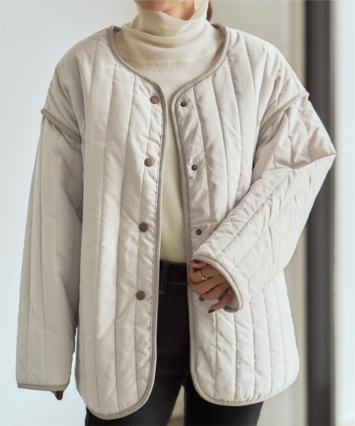 titivate（ティティベイト）の「ﾗｲﾝｷﾙﾄﾉｰｶﾗｰｼﾞｬｹｯﾄ（ノーカラージャケット・レディース・ブラック/アイボリー/ブラウン系その他/グレイッシュベージュ・FREE）」の2枚目の写真