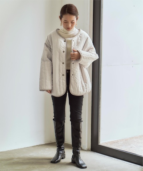 titivate（ティティベイト）の「ﾗｲﾝｷﾙﾄﾉｰｶﾗｰｼﾞｬｹｯﾄ（ノーカラージャケット・レディース・ブラック/アイボリー/ブラウン系その他/グレイッシュベージュ・FREE）」の10枚目の写真