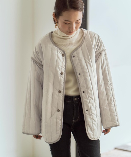 titivate（ティティベイト）の「ﾗｲﾝｷﾙﾄﾉｰｶﾗｰｼﾞｬｹｯﾄ（ノーカラージャケット・レディース・ブラック/アイボリー/ブラウン系その他/グレイッシュベージュ・FREE）」の5枚目の写真