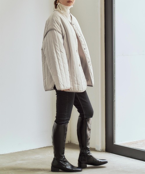 titivate（ティティベイト）の「ﾗｲﾝｷﾙﾄﾉｰｶﾗｰｼﾞｬｹｯﾄ（ノーカラージャケット・レディース・ブラック/アイボリー/ブラウン系その他/グレイッシュベージュ・FREE）」の15枚目の写真