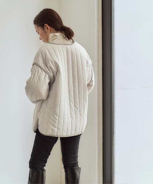 titivate（ティティベイト）の「ﾗｲﾝｷﾙﾄﾉｰｶﾗｰｼﾞｬｹｯﾄ（ノーカラージャケット・レディース・ブラック/アイボリー/ブラウン系その他/グレイッシュベージュ・FREE）」の17枚目の写真