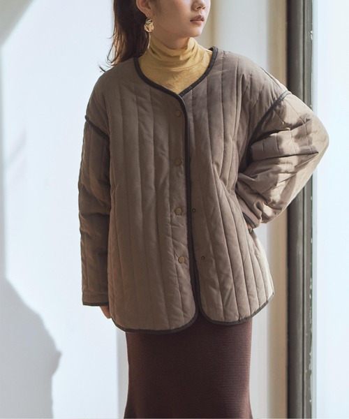 titivate（ティティベイト）の「ﾗｲﾝｷﾙﾄﾉｰｶﾗｰｼﾞｬｹｯﾄ（ノーカラージャケット・レディース・ブラック/アイボリー/ブラウン系その他/グレイッシュベージュ・FREE）」の8枚目の写真