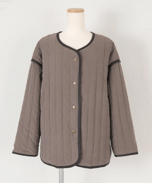 titivate（ティティベイト）の「ﾗｲﾝｷﾙﾄﾉｰｶﾗｰｼﾞｬｹｯﾄ（ノーカラージャケット・レディース・ブラック/アイボリー/ブラウン系その他/グレイッシュベージュ・FREE）」の6枚目の写真