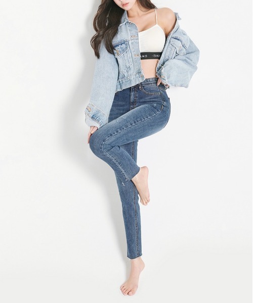 デニム・ジーパン EMIS (UNISEX) ANKLE JEANS 5BJH699 chuu（チュー）の「CHUU Mid Rise Waistband Damaged Skinny