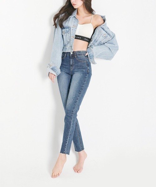 デニム・ジーパン EMIS (UNISEX) ANKLE JEANS 5BJH699 chuu（チュー）の「CHUU Mid Rise Waistband Damaged Skinny