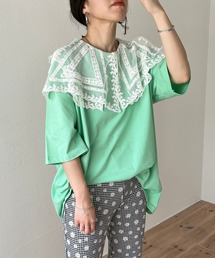 wee9s（ウィークス）の「over size race collar tee / お尻すっぽりオーバーサイズレースカラーティーシャツ（Tシャツ/カットソー）」