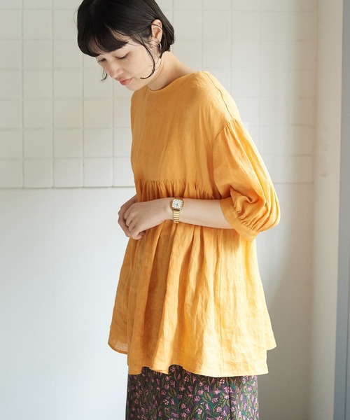 bulle de savon（ビュルデサボン）の「●60リネン　チュニックブラウス（シャツ/ブラウス・レディース・オレンジ/ブラック/ブルー・FREE）」の4枚目の写真