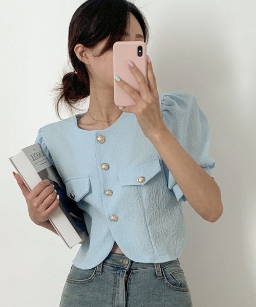BEIDELLI（ベイデリー）の「[BELLIDE MADE] サマーパフショートスリーブジャケット（ノーカラージャケット・レディース・アイボリー/スカイブルー・FREE）」の2枚目の写真