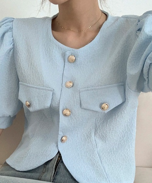 BEIDELLI（ベイデリー）の「[BELLIDE MADE] サマーパフショートスリーブジャケット（ノーカラージャケット・レディース・アイボリー/スカイブルー・FREE）」の3枚目の写真