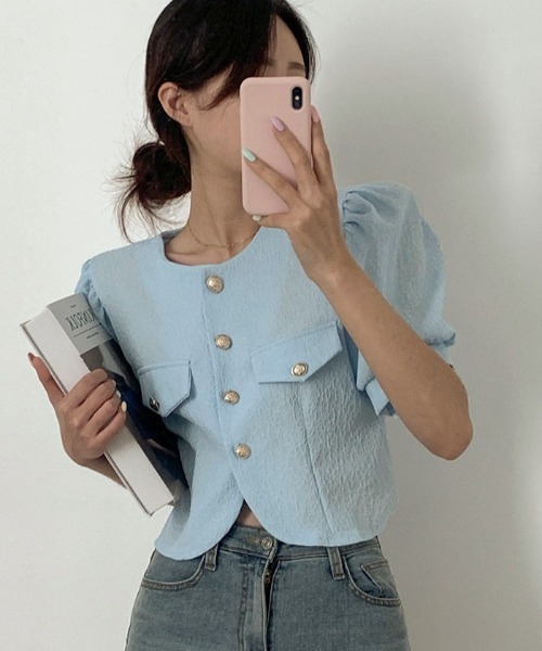 BEIDELLI（ベイデリー）の「[BELLIDE MADE] サマーパフショートスリーブジャケット（ノーカラージャケット・レディース・アイボリー/スカイブルー・FREE）」の8枚目の写真