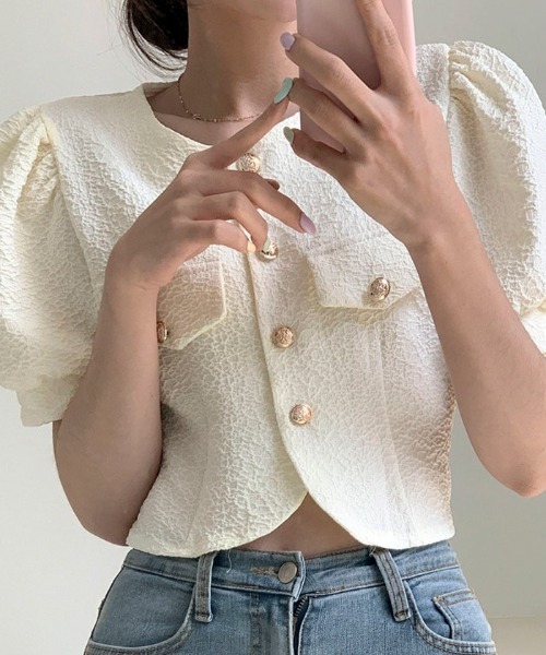 BEIDELLI（ベイデリー）の「[BELLIDE MADE] サマーパフショートスリーブジャケット（ノーカラージャケット・レディース・アイボリー/スカイブルー・FREE）」の11枚目の写真