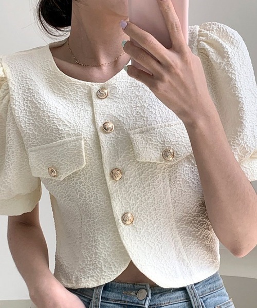 BEIDELLI（ベイデリー）の「[BELLIDE MADE] サマーパフショートスリーブジャケット（ノーカラージャケット・レディース・アイボリー/スカイブルー・FREE）」の7枚目の写真