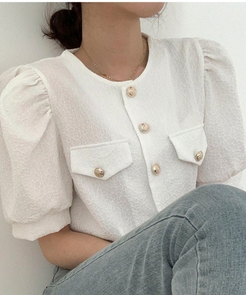 BEIDELLI（ベイデリー）の「[BELLIDE MADE] サマーパフショートスリーブジャケット（ノーカラージャケット・レディース・アイボリー/スカイブルー・FREE）」の9枚目の写真