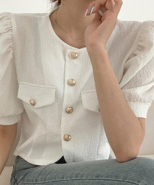 BEIDELLI（ベイデリー）の「[BELLIDE MADE] サマーパフショートスリーブジャケット（ノーカラージャケット・レディース・アイボリー/スカイブルー・FREE）」の13枚目の写真