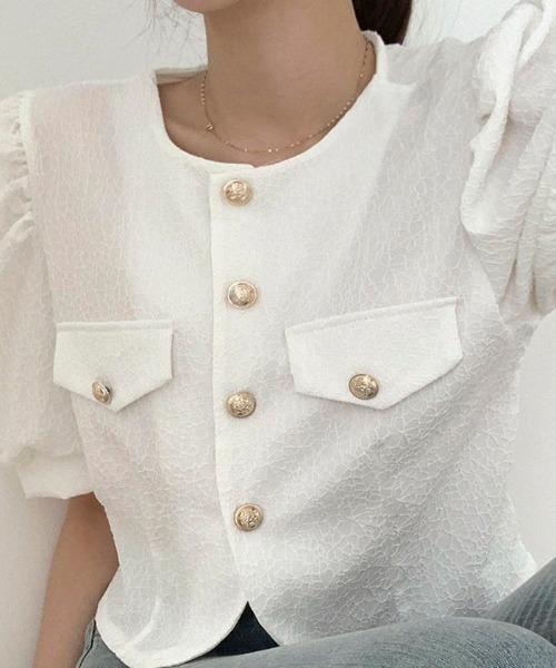 BEIDELLI（ベイデリー）の「[BELLIDE MADE] サマーパフショートスリーブジャケット（ノーカラージャケット・レディース・アイボリー/スカイブルー・FREE）」の6枚目の写真