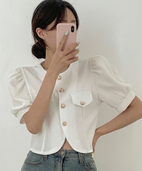 BEIDELLI（ベイデリー）の「[BELLIDE MADE] サマーパフショートスリーブジャケット（ノーカラージャケット・レディース・アイボリー/スカイブルー・FREE）」の4枚目の写真