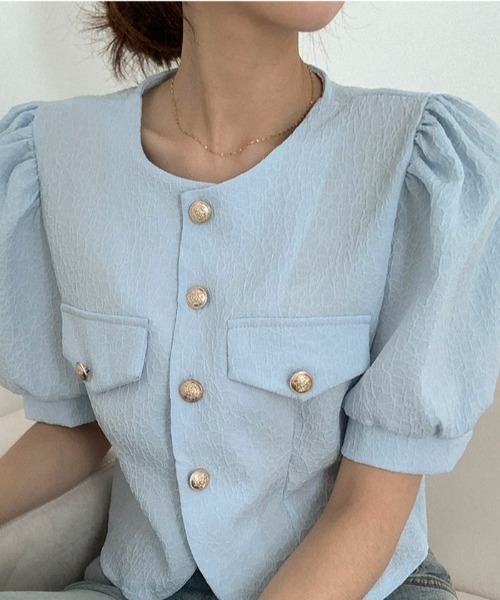 BEIDELLI（ベイデリー）の「[BELLIDE MADE] サマーパフショートスリーブジャケット（ノーカラージャケット・レディース・アイボリー/スカイブルー・FREE）」の5枚目の写真