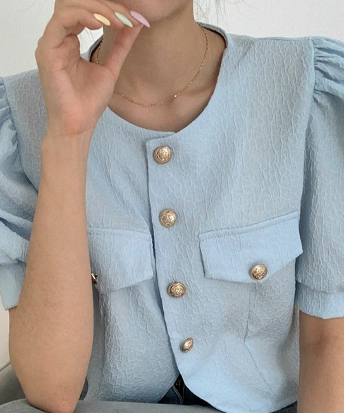 BEIDELLI（ベイデリー）の「[BELLIDE MADE] サマーパフショートスリーブジャケット（ノーカラージャケット・レディース・アイボリー/スカイブルー・FREE）」の12枚目の写真