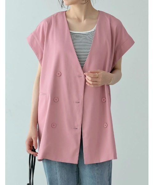 セール】ツイルオーバーサイズノースリジャケット（ノーカラー