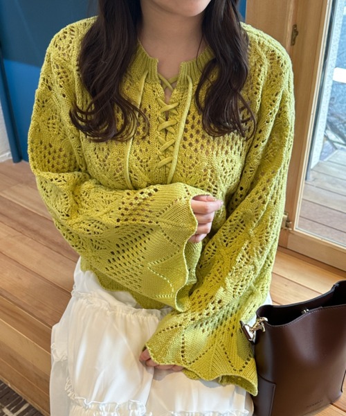 Ambre Ciel(アンブルシエル)の「レースアップ透かしケーブルニット/【WEB/EC限定商品】(ニット/セーター・レディース・ピンク/グリーン/アイボリー・FREE)」の8枚目の写真