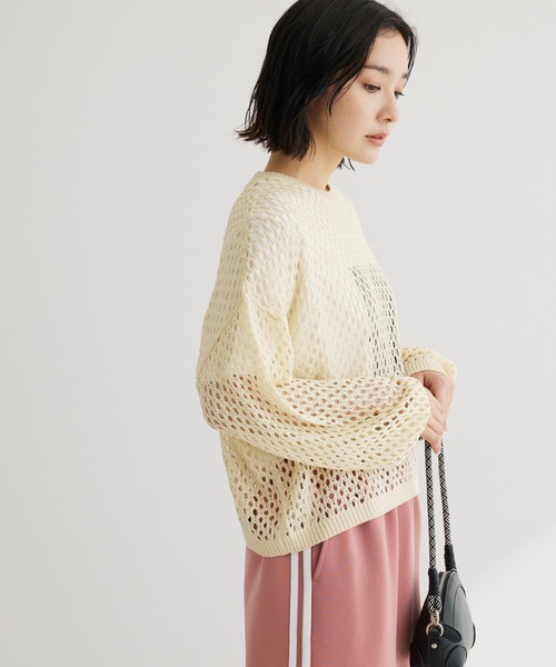 Green　Parks（グリーンパークス）の「メッシュ編みニットプルオーバー（ニット/セーター・レディース・オレンジ/ダークグレー/ナチュラル・FREE）」の2枚目の写真