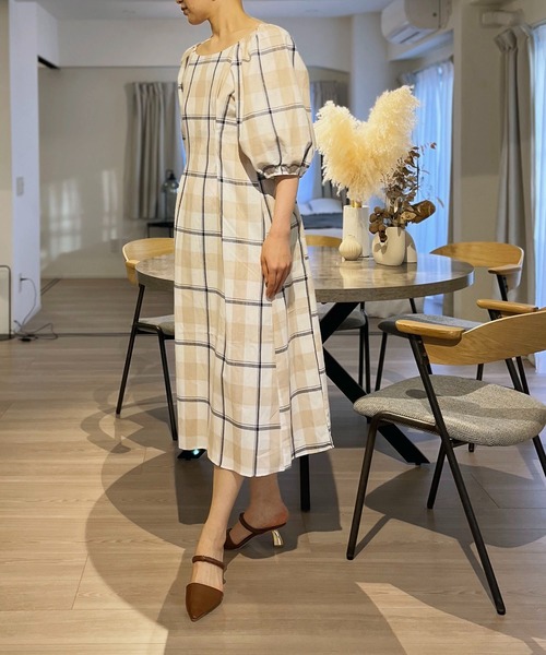 セール】ボリュームスリーブチェックロングワンピース