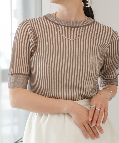 Bab(バブ)の「ストライプニットトップス(Tシャツ/カットソー・レディース・ブラック/ブラウン/グリーン・FREE)」の1枚目の写真