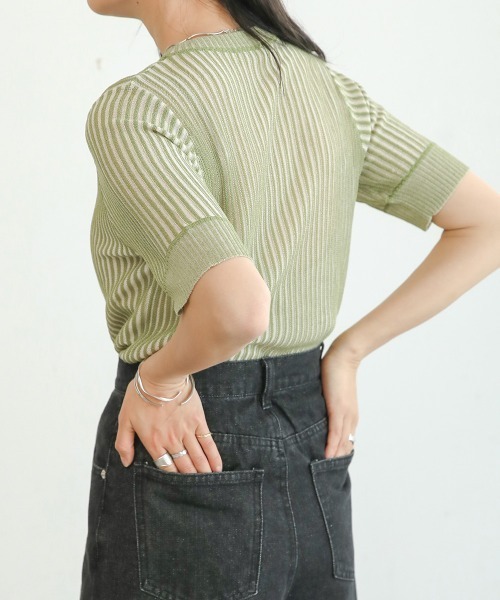 Bab(バブ)の「ストライプニットトップス(Tシャツ/カットソー・レディース・ブラック/ブラウン/グリーン・FREE)」の14枚目の写真