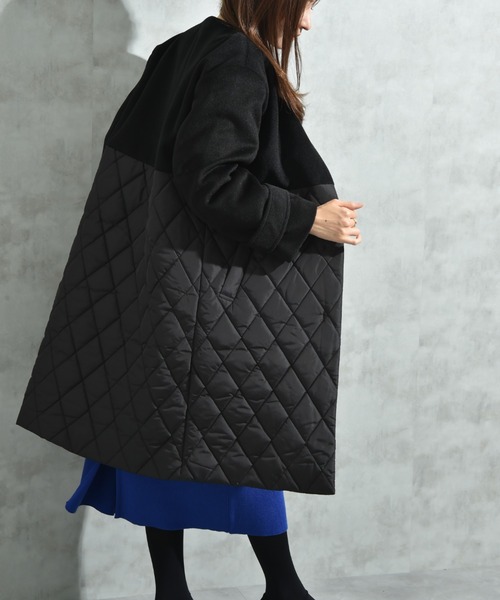 セール】シャギー＊タフタキルトカラーレスコート（ノーカラーコート