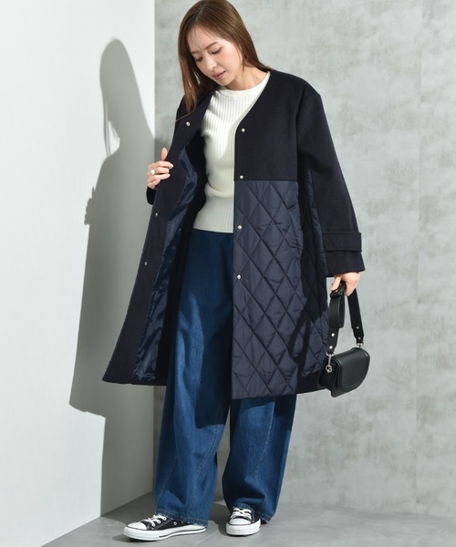 セール】シャギー＊タフタキルトカラーレスコート（ノーカラーコート