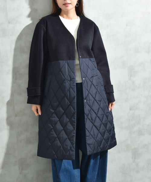 セール】シャギー＊タフタキルトカラーレスコート（ノーカラーコート