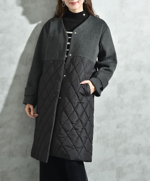 セール】シャギー＊タフタキルトカラーレスコート（ノーカラーコート