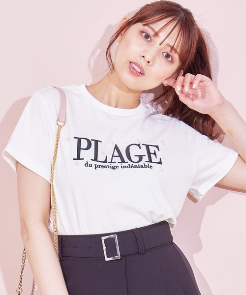 tシャツ Eglantine パール付カットソー レディース INGNI（イング）の「パール付ふくれ刺しゅうロゴTシャツ（T