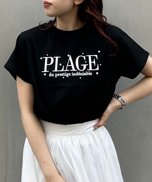 tシャツ Eglantine パール付カットソー レディース INGNI（イング）の「パール付ふくれ刺しゅうロゴTシャツ（T