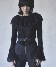 Wool Blend Rib Frilled shoulder Top