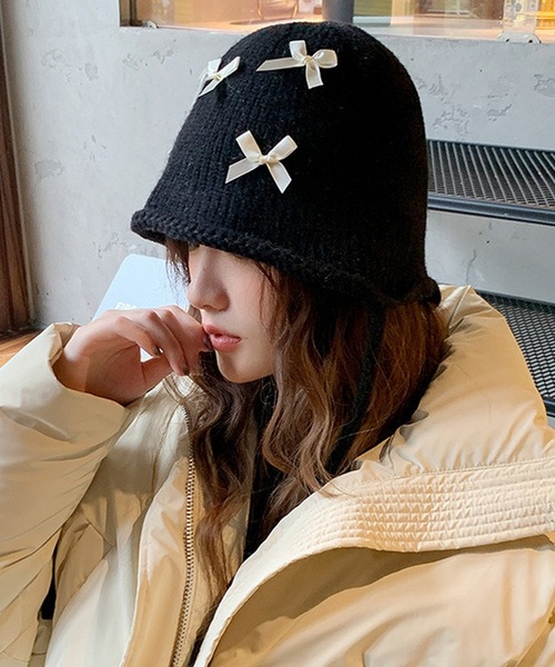 リボン付き ニットキャップ ビーニー 紐付き ニット帽 バレエコア