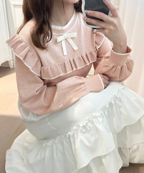 apres jour(アプレジュール)の「フロントリボン配色フリルニット【ZOZOTOWN限定アイテム】(ニット/セーター・レディース・ピンク/ブラック/アイボリー・X-LARGE/フリー)」の3枚目の写真