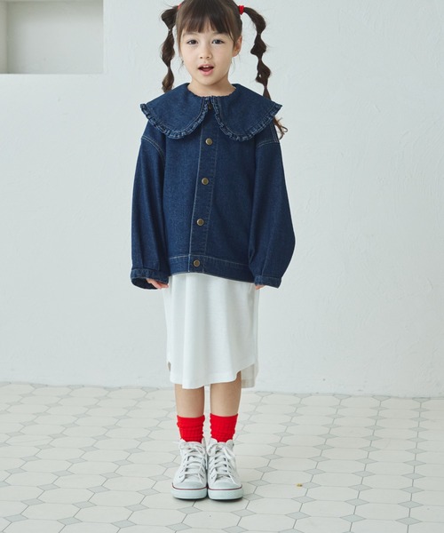 pairmanon（ペアマノン）の「ビッグフリル襟 ジャケット（デニムジャケット・キッズ・インディゴブルー/ブルー・100/110/120/130/140/150/90）」の4枚目の写真