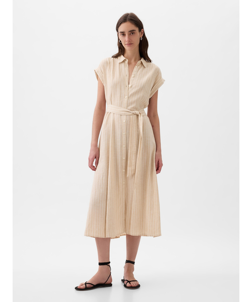 GAP（ギャップ）の「リネン混 ミディシャツワンピース（ワンピース・レディース・ストライプ/ブラック/ホワイト・L/M/XS/XXS/S）」の3枚目の写真