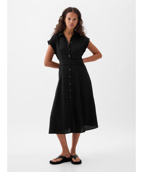 GAP（ギャップ）の「リネン混 ミディシャツワンピース（ワンピース・レディース・ストライプ/ブラック/ホワイト・L/M/XS/XXS/S）」の2枚目の写真