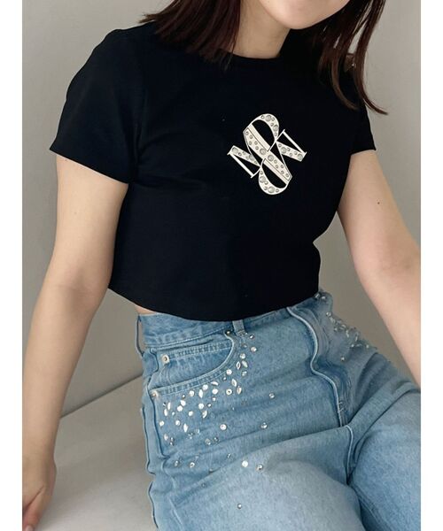 MERCURYDUO（マーキュリーデュオ）の「クロップドパールロゴTシャツ（Tシャツ/カットソー・レディース・ブラック/パープル/オフホワイト・FREE）」の3枚目の写真