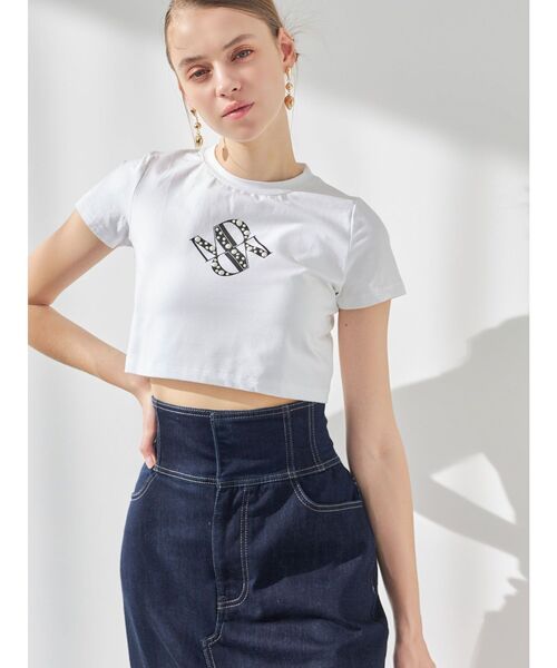 MERCURYDUO（マーキュリーデュオ）の「クロップドパールロゴTシャツ（Tシャツ/カットソー・レディース・ブラック/パープル/オフホワイト・FREE）」の4枚目の写真