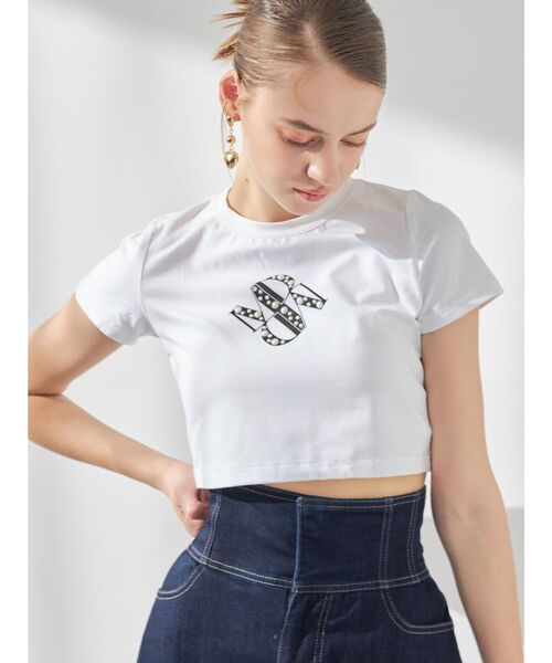 MERCURYDUO（マーキュリーデュオ）の「クロップドパールロゴTシャツ（Tシャツ/カットソー・レディース・ブラック/パープル/オフホワイト・FREE）」の7枚目の写真