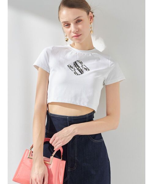 MERCURYDUO（マーキュリーデュオ）の「クロップドパールロゴTシャツ（Tシャツ/カットソー・レディース・ブラック/パープル/オフホワイト・FREE）」の8枚目の写真